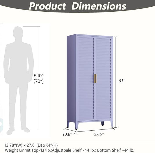 2 Door Tall Metal Storage Cabinet with 3 Adjustable Shelves,61'' Steel Locker Storage with Metal Handles and Elevated Legs,Multifunctional Storage Armoire for Home Bedroom Living Room Entryway(Purple)