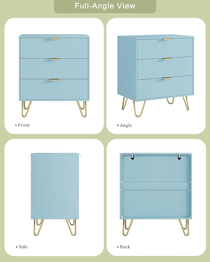 Blue Dresser for Bedroom, Modern Fluted 3 Drawer Dresser with Storage, Dresser Chest of Drawers with Gold Handles for Bedroom, Living Room, Closet, Hallway, 15.8" D x 23.6" W x 27.6" H