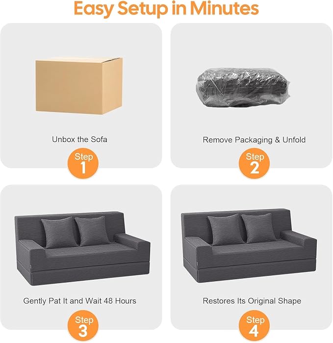 MeMoreCool Folding Futon Couch Queen – Boneless Corduroy Sofa Bed, Convertible Foam Floor Lounger with Pillow & Washable Cover, Foldable Sleeper for Living Room, Bedroom, Guest Space