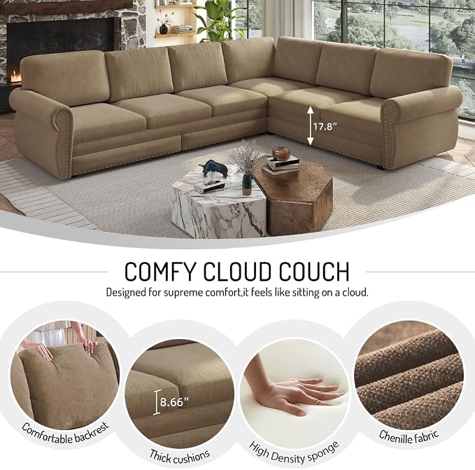 118" L-Shaped Sleeper Couch Bed - Oversize Convertible with Pull-Out Sofa Bed, Button Tufted Chesterfield Sofa, Chenille Sectional Vintage Couches for Living Room/Apartment(6-Seater, Camel) | Oversize Convertible
