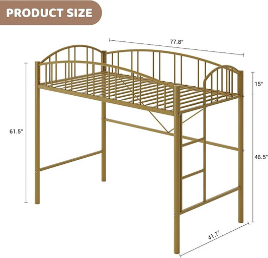 GarveeHome Loft Bed Twin Size, Heavy Duty Metal Loft Bed Frame with Arched Guardrail and Safety Ladder, Space-Saving, No Box Spring Needed, Modern Gold