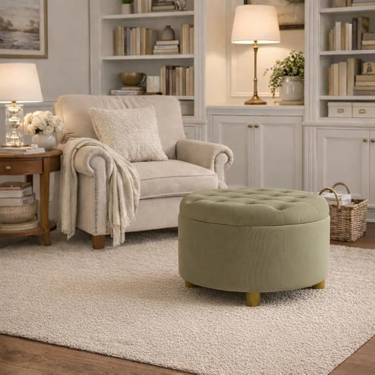 HomePop 28" Button Tufted Velvet Round Storage Ottoman - Light Sage Green Velvet