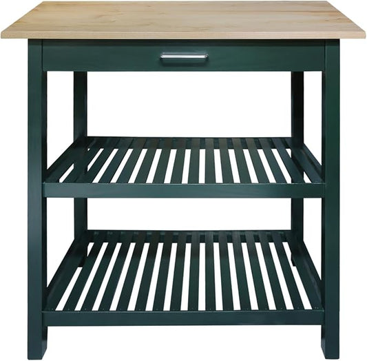 Kitchen Island with Solid Wood Top, Natural/Hunter Green
