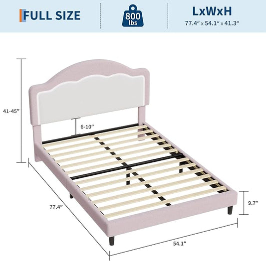 IDEALHOUSE Full Bed Frame with LED Headboard, Boucle Fabric Upholstered Platform Bed with LED Light for Kids, Girls, Wooden Slats Support, No Box Spring Needed, Pink