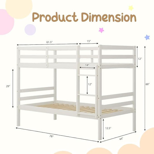 NAFORT Bunk Bed Twin Over Twin, Solid Wood Bunk Bed with Ladder and Safety Rails, Wooden Bed Frame for Kids Teens or Guests, Space-Saving Furniture for Bedroom Dorm, White