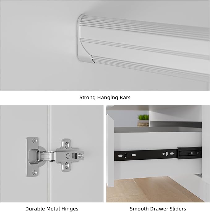 Bobve78 H Armoire Wardrobe Closet with 4 Doors and 2 Drawers, Wooden Bedroom Armoires with Hanging Rod, No Freestanding Wardrobe Cabinet for Bedroom, White