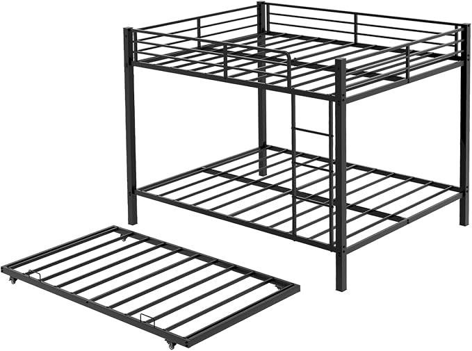 Metal Bunk Bed with Trundle, Space-Saving Bunk Bed Full Over Full with Ladders and Safety Guardrail, Heavy Duty Full Bed Frames, No Box Spring Needed and Noise Free(Black)