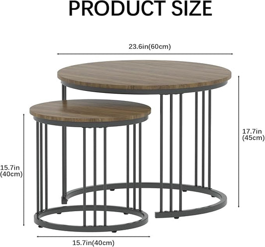 Garden 4 you Nesting Coffee Table, 23.6" Round Coffee Table Set of 2, Wooden Nesting Table with Metal Frame, Ceter Tables for Living Room Bedroom Balcony, Brown