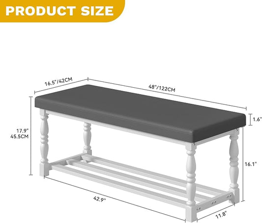 YITAHOME 48 Inch Entryway Bench, Storage Bench with Metal Shelf & Cushioned Seat, Indoor Shoe Rack Bench Seat for Dressing Room, Bedroom, Hallway, Entrance, Grey & White