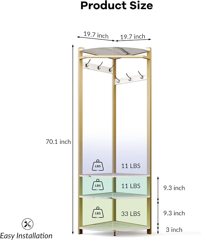 Coat Rack Freestanding with 6 Double Hooks, Shoe Bench & Storage Shelf - Freestanding Hall Tree Organizer for Entryway, Bedroom, Living Room, Space-Saving,Gold+Marble White