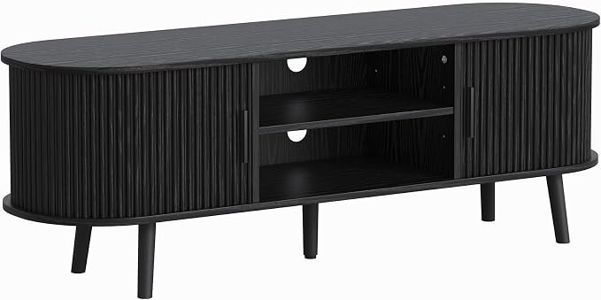 ChooChoo Mid Century Modern TV Stand for TVs up to 60 Inch, Entertainment Center with Fluted Sliding Doors and Hidden Storage, TV Console with Adjustable Shelf for Living Room, Bedroom, Black