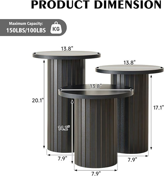 Round Side Tables Set of 3, Circle Modern Fluted Nesting Coffee Table, Accent End Table Set for Living Room and Bedroom, Black