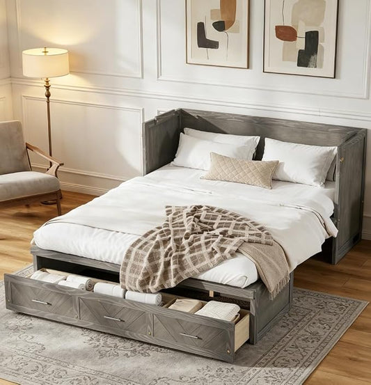 Bellemave Queen Size Murphy Bed with Charging Station and Storage, Farmhouse Murphy Bed with Foldable Panel for Guest Bedroom, Living Room, Office, Grey