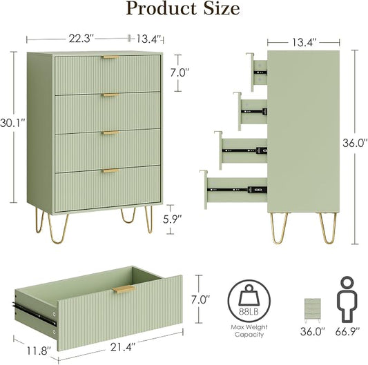 Masupu 4 Drawer Dresser, Drawer Chest, Tall Storage Dresser Chest Cabinet Organizer Unit with Gold Metal Legs, Nightstand for Bedroom, Living Room, Closet, Hallway Green Stripe