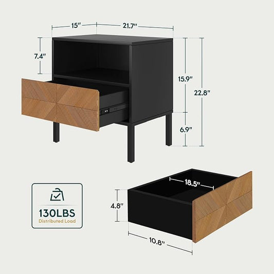 Bme Vivian Solid Wood Nightstand, End Table, Bedside Table with Herringbone Pattern for Rustic Bedroom, Easy Assembly, Rustic Seadrift and Black