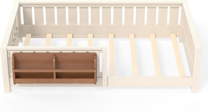 Bellemave Twin Size Montessori Floor Bed with Rails and Slats, Twin Size Floor Bed with Bookshelf and Fence, Low Profile Montessori Beds Frame for Girls, Boys, Beige