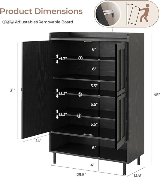 Shoe Storage Cabinet with 2 Doors, 6-Tier Shoe Cabinet with 3 Adjustable Shelves and Metal Legs, 45'' Tall Shoe Rack Organizer Cabinet for Entryway, Front Door, Black