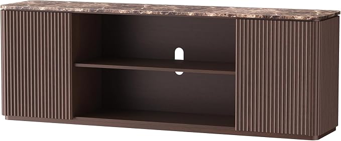 70" TV Stand, Modern Entertainment Center for TVs Up to 80", Fluted TV Console with Storage, Adjustable Shelves, Faux Marble Top, Curved Profile Design, Wood Media Console for Living Room, Brown Oak
