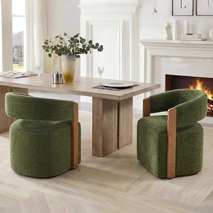 KISLOT Upholstered Dining Chairs Set of 4, Modern Wooden Arm Kitchen & Dining Room Chairs with Hidden Casters, Fabric Padded Rolling Chairs, Sturdy Wood Frame, 300 lbs Capacity, Green