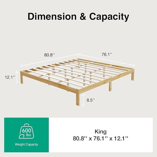 Novilla 12 Inch Wooden King Size Bed Frame, King Platform Bed Frame Without Headboard, Sturdy Wood Slat Support, No Box Spring Needed, Easy Assembly, Pine
