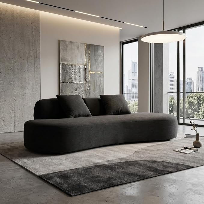 Container Furniture Direct 90" Curved Sofa with Throw Pillows, 4 Seater Luxury Velvet Couch with Half Moon Design and High-Density Foam, Ideal for Modern Living Room, Office & Apartment, Black