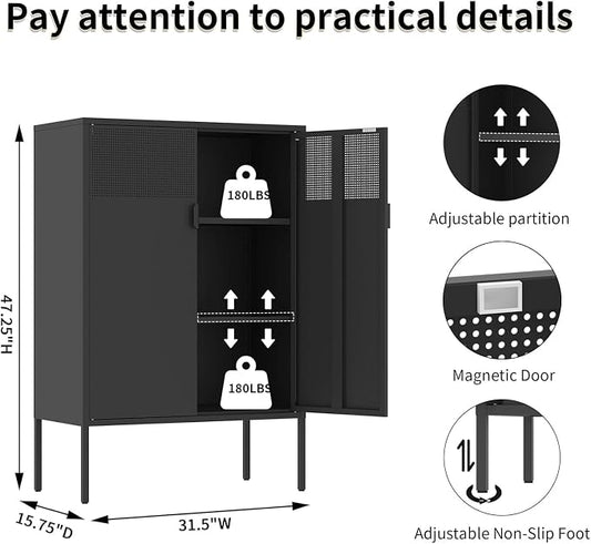 Black Metal Storage Cabinet with 2 Doors - 47''H Locker Cabinet, 3 Tier Locker Door with Adjustable Shelves,Metal Sideboard for Home, Living Room,Office Kitchen and Bathroom