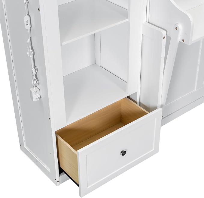 MERITLINE Queen Murphy Bed with Desk and Storage Shelves & LED Light, Solid Wood Hideaway Murphy Wall Bed with Storage Bookcase Shelves and Drawers for Adults (White) (Queen,White W/Led)