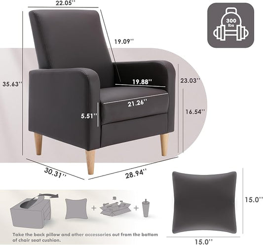 COLAMY Mid-Century Modern Accent Chair, Faux Leather Upholstered Living Room Chair with Back Pillow & Solid Wood Legs, Comfy Armchair for Living Room, Bedroom, Single Sofa, Dark Brown