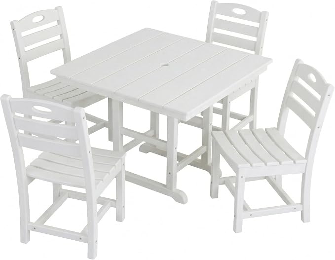Elountik Outdoor Dining Set for 4, 5-Piece White HDPE Patio Furniture with Square Table and Chairs, Umbrella Hole
