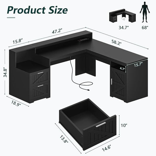 YOMILUVE 63" Farmhouse L Shaped Desk with Drawers & Storage Shelf, Corner Computer Desk with Power Outlets for Home Office, Executive Desk with Monitor Stand, Printer Shelf, Black