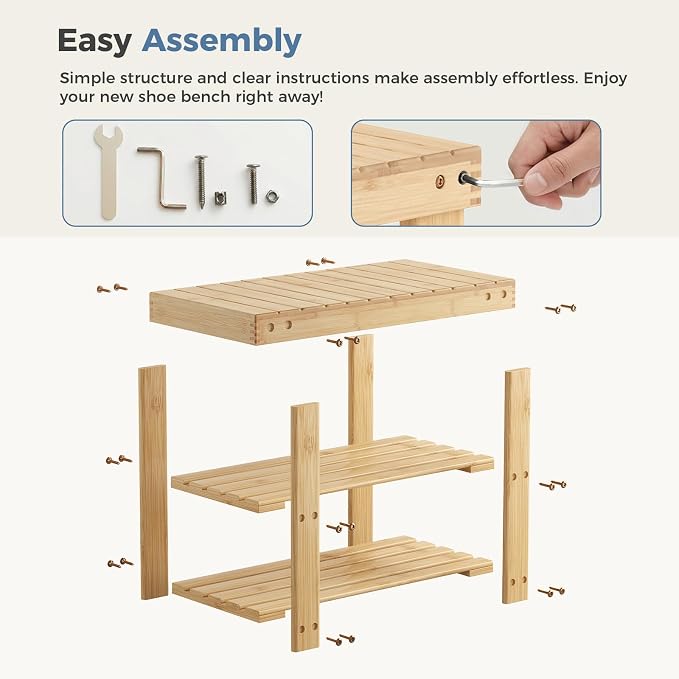 DUMOS Wooden Shoe Rack Bench with Storage, 3-Tier Bamboo Entryway Benches, Shoe Rack Holds Up to 286 lb Storage Organizer, 11.3 x 19.7 x 17.8 Inches, Suitable for Bedroom Living Room Balcony, Wood