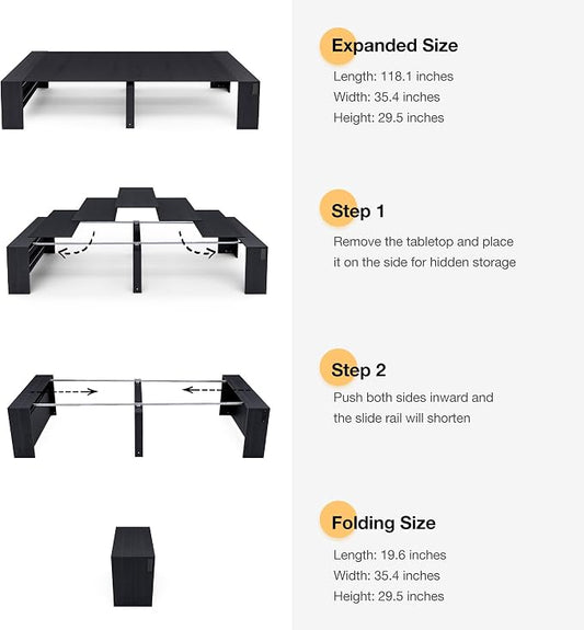 Kikihouse 19.6"-118.1" Modern Extendable Dining Table with Outlet, 2 to 12 People Space Saving Expanding Table with Storage for Party, Weddings, Meetings, Celebrations (Black)