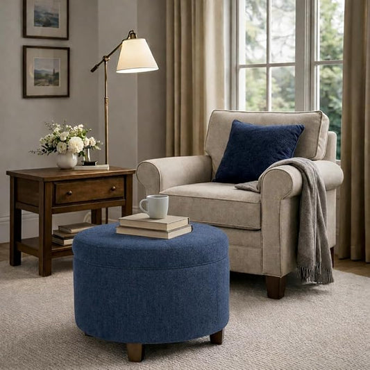 HomePop 24" Large Round Storage Ottoman - Blue Woven Fabric