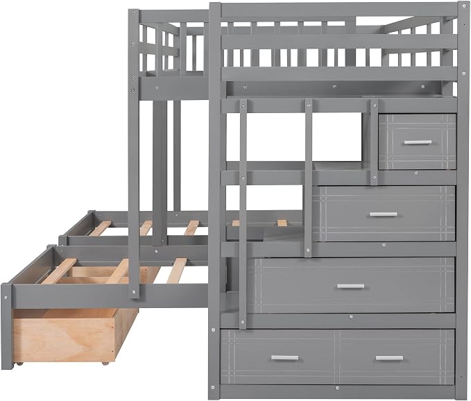 VilroCaz Upgraded Version Full Over Twin & Twin Bunk Bed, Solid Wood Triple Bunk Bed with Storage Drawers and Staircase, Strong Sturdy Bunk Bed Frame with Guardrails for Kids Teens Aldults (Gray-U)
