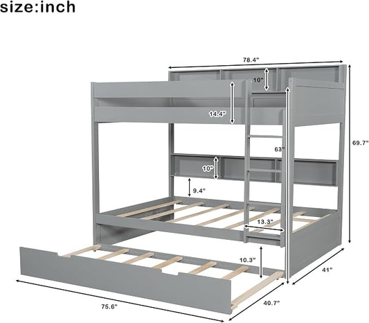 Harper & Bright Designs Rustic Wood Bunk Bed with Pull-Out Trundle, Twin Over Twin Wooden Bunk Bed with Large Cabinet Beside Upper and Down Bed, Gray