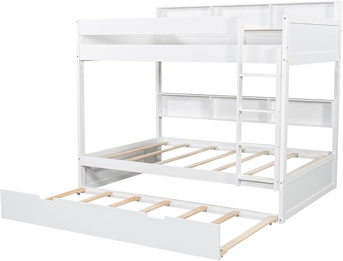 Harper & Bright Designs Rustic Wood Bunk Bed with Pull-Out Trundle, Twin Over Twin Wooden Bunk Bed with Large Cabinet Beside Upper and Down Bed, White