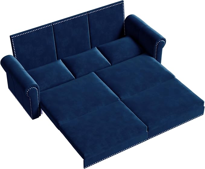 93.7" King Size Sleeper Sofa Bed, Pull Out Sofa Bed, Velvet Upholstery, 3 in 1 Convertible Sleeper Couch, Chaise Lounge, Retro Recliner for Living Room, Office, Apartment, Blue