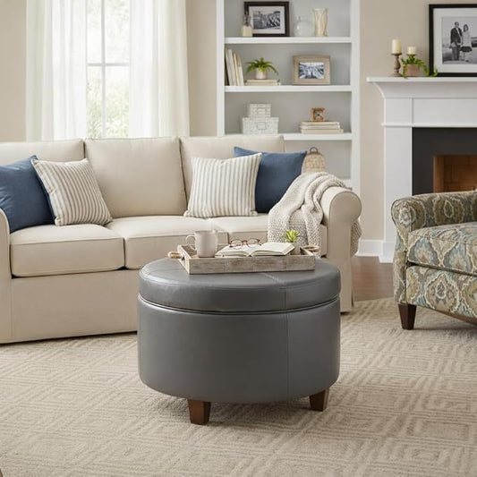 HomePop Round Leatherette Storage Ottoman with Lid, Charcoal Grey Large