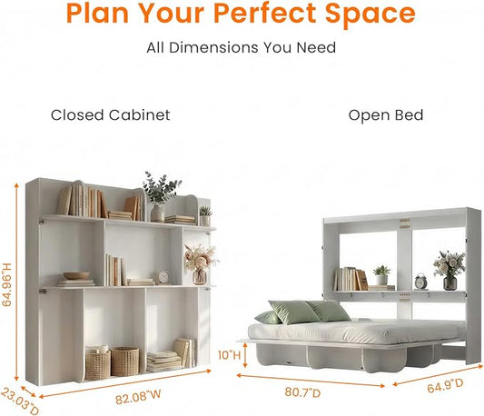 CECER Horizontal Murphy Bed Queen,Save Space for Offices/Guest-White | Multi-Functional Queen Murphy Cabinet Beds with Storage Shelf/Bookshelf,Sturdy frame & Easy Assemble