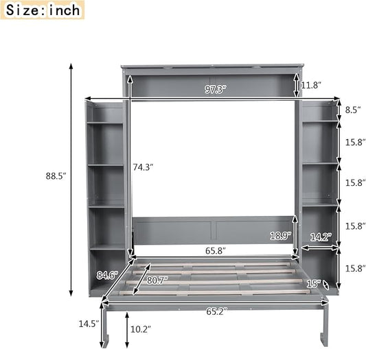 MERITLINE Queen Murphy Bed with Storage and LED Lights, Wood Grey Murphy Wall Bed Cabinet with Shelves Bookcase Bookshelf for Adults (Grey,Queen)