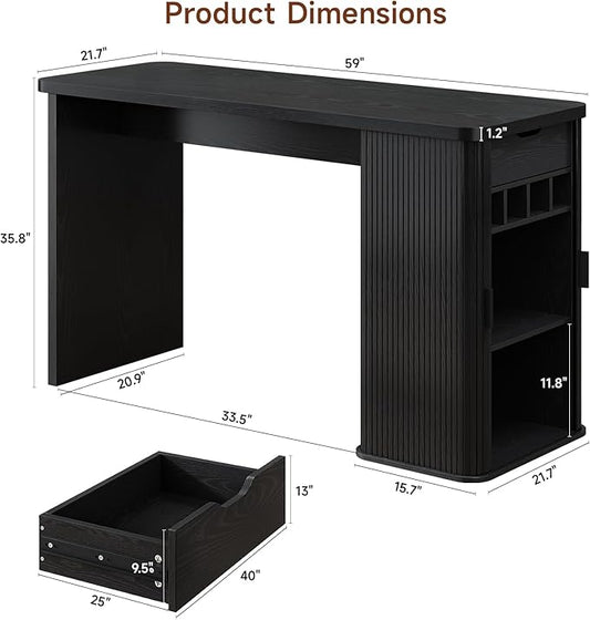 ONBRILL 59 Inch Kitchen Island with Storage, Fluted Counter Height Table, Mid-Century Modern Kitchen Island Table with Sliding Door, Home Bar Tables with Wine Rack and Drawers Black