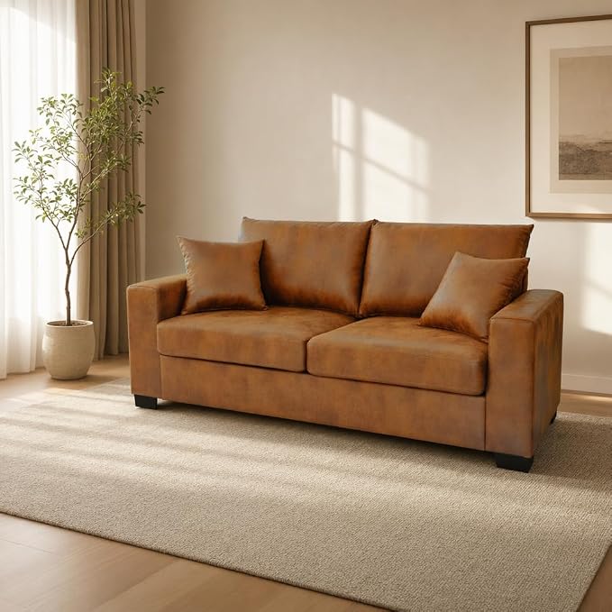 Ball & Cast 69" Loveseat Sofa, Modern Love Seat Couches for Living Room, Upholstered 2 Seater Small Couch with 2 Throw Pillows for Bedroom,Apartment,Office,Easy Assembly,Light Brown