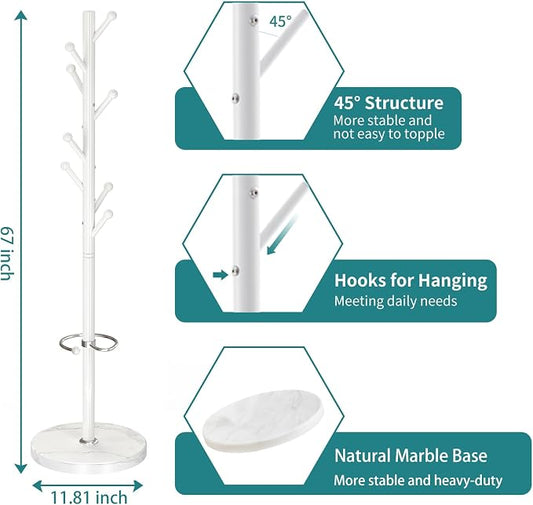 OIRUMIE Coat Rack with Natural Marble Base, Metal Coat Racks Freestanding, Modern Coat Rack Stand with 8 Hooks& Umbrella Holder, White Coat Clothes Tree Hats Hanger Stand for Entryway, Hallway