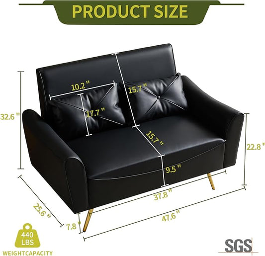Brelice 47" Faux Leather Loveseat Sofa, Modern Small Couch for Small Space with 2 Pillows, 2 Seater Couch for Living Room, Bedroom, Office, Apartment (Black)