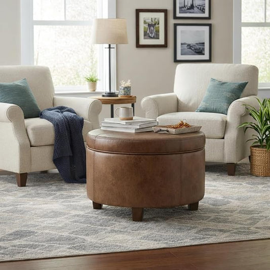 HomePop 24" Large Leatherette Storage Ottoman - Distressed Brown Faux Leather