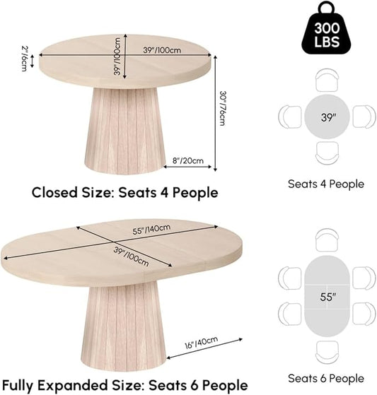 homary Extendable Dining Table for 6,Round to Oval 39"-55", Solid Wood Kitchen Table, Space-Saving Design for Small Spaces & Family Gatherings
