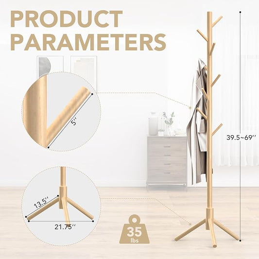 Wooden Coat Rack Freestanding with 8 Hooks,Easy Assembly New Zealand Pine Tree Coat Racks, 3 Adjustable Sizes for Clothes, Hats, Bags, for Entryway, Hallway, Bedroom, Office (Natural, 1 PC)