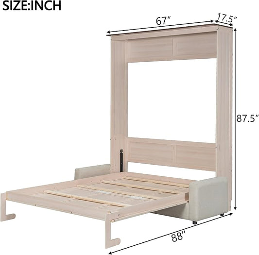 MERITLINE Queen Murphy Bed with Couch and LED Lighting,Solid Wood Folding Murphy Wall Bed Cabinet with Sofa