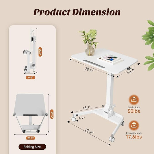 Foldable Mobile Standing Desk, 90 Tiltable Rolling Standing Desk, Height Adjustable Portable Laptop Workstation for Home Office, Easy to Fold, White
