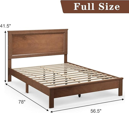 Wood Bed Frames with Headboard, Mid Century Bed Frame with Solid Wood Legs & Wooden Slat Support, Mattress Foundation Bed Base, No Box Spring Needed, (Walnut, Full)